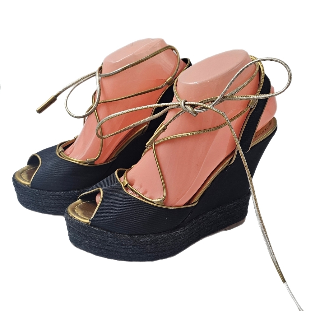 Ralph Lauren Collection Navy Gold Canvas Espadrille Wedge Lace Up